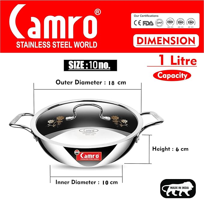 Camro Triply Artisian Kadhai with Lid 20Cm 1.6 Liters kadhai Steel Stainless Kadhai for Deep Frying