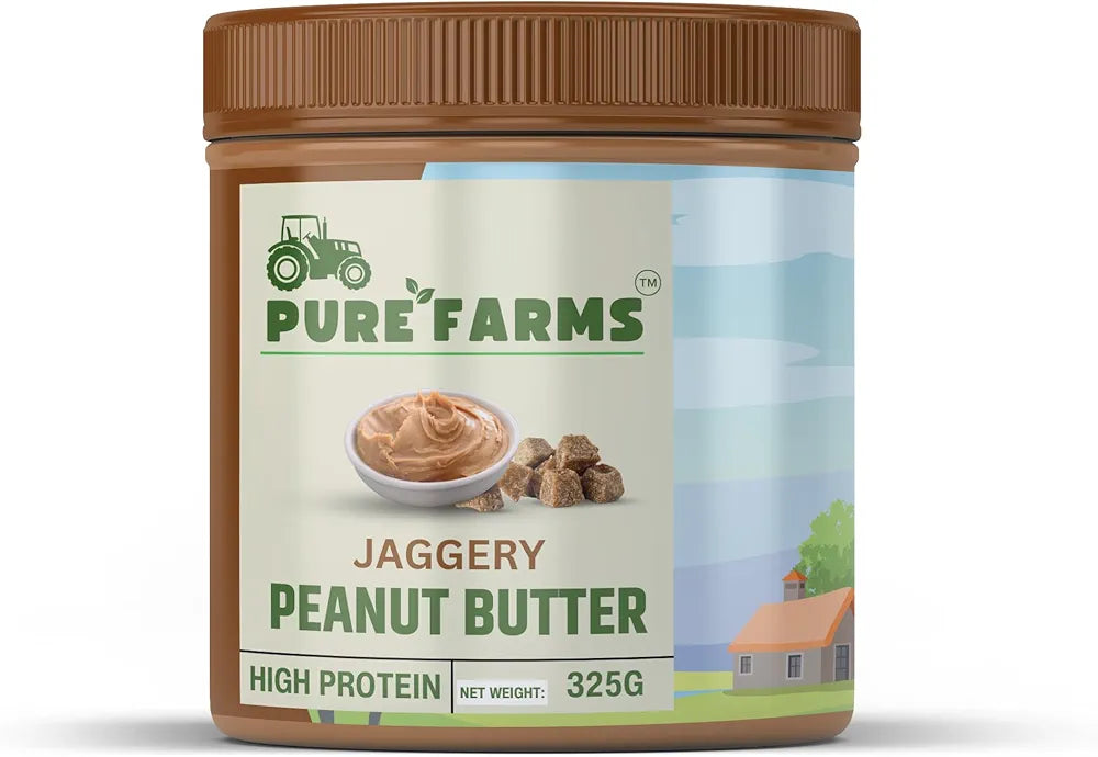 PURE FARMS Organic Jaggery Peanut Butter, 325gm Pack, Naturally Sweetened Peanut Butter | Organic Snacks, Healthy Sweeteners, Protein & Fiber