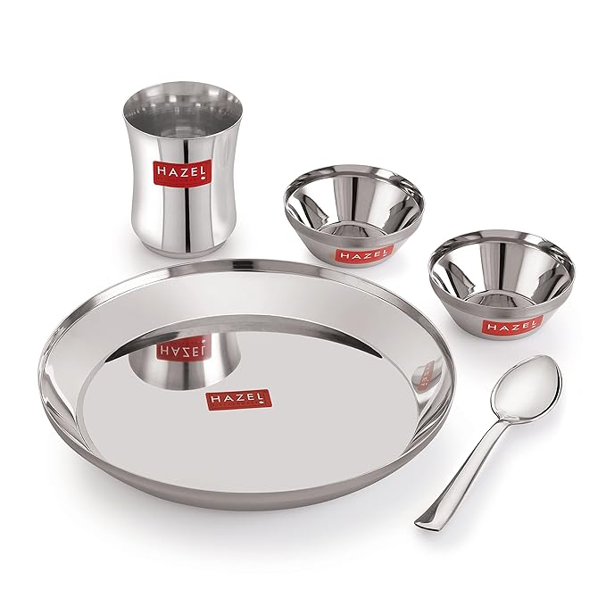 Hazel Stainless Steel Dinner Set for Kids Baby Dinner Set Combo of Steel Plate Glass Bowl & Spoon