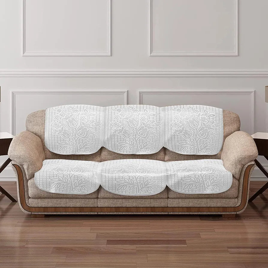 Cloth Fusion Italian Velvet Sofa Cover 5 Seater Set Perfect Floral Embossed Sofa Cover 3 Seater and 2 Seater Bone White