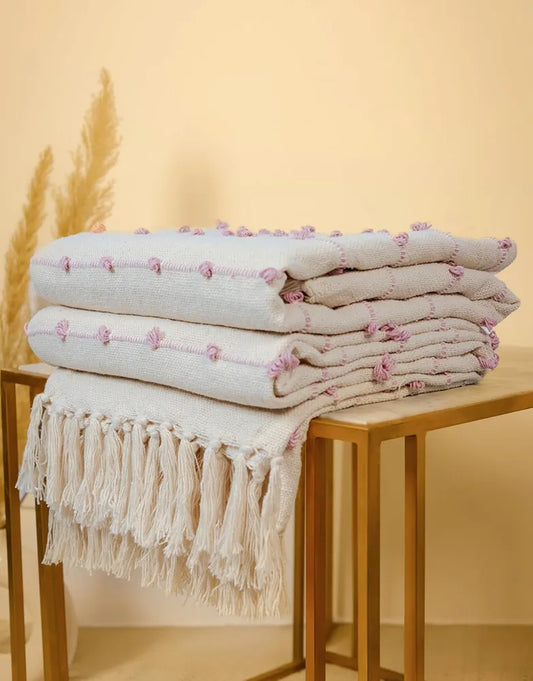 Sajavat Home Hand-Knitted Pure Cotton 3 Seater Sofa Throw Colour Beige & Pink