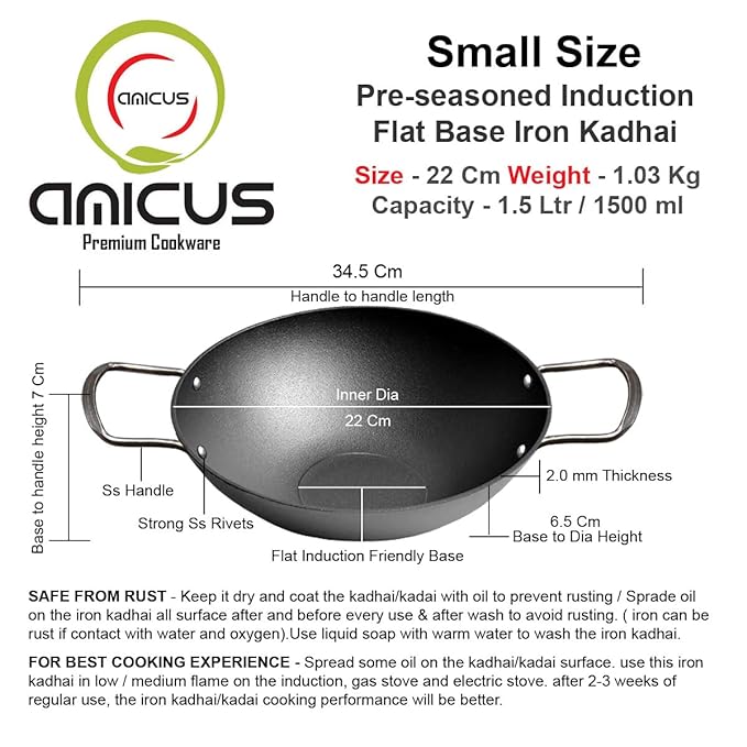 Amicus Kitchen Iron Kadai for Cooking & Deep Frying Pre-Seasoned Iron Kadhai Fry Pan 22 Cm 1.5 L