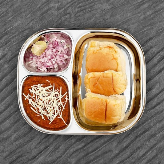 Kanshitas Rasoiware Stainless Steel Pav Bhaji Plate Thali 3 in 1 Partition Plate 10.2 Inch 4 Pcs