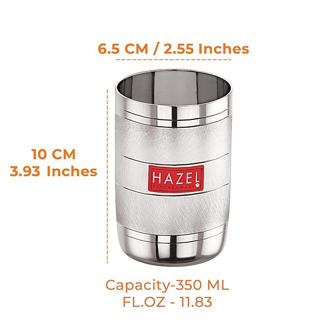 Hazel Stainless Steel Drinking Glasses 350 ml Unbreakable Glass Set with Glossy Finish Design & Dishwasher Safe Set of 6