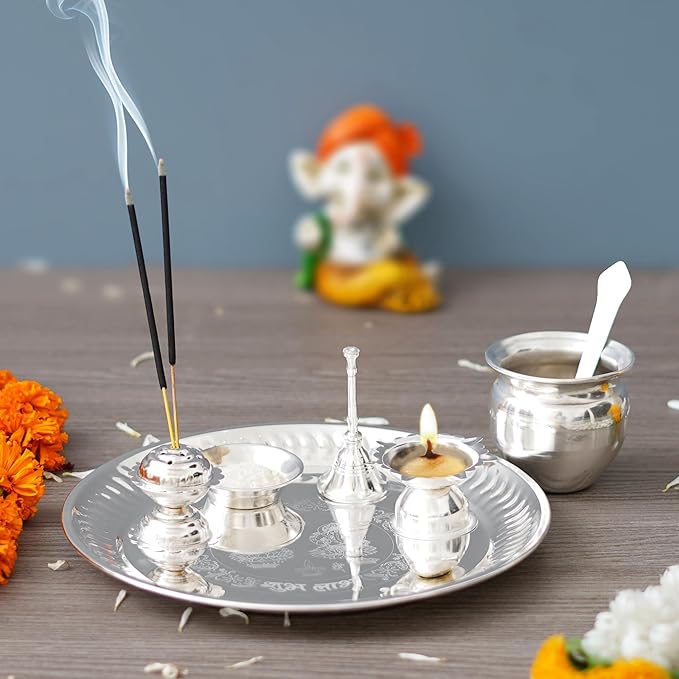 Ecraftindia Silver Pooja Thali Set With Diya, Ghanti, Kalash, Spoon, Agarbatti Stand, Bowl