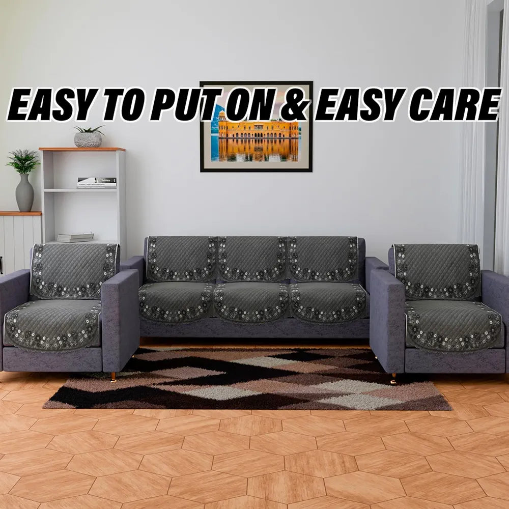 Kuber Industries Sofa Cover 5 Seater Cover Set Digital Painting Quilted for Hall Gray