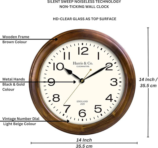 Harris & Co. Clockmasters Vintage Classic Design Analog Wall Clock- 14 Inch Model - Old Compton Street