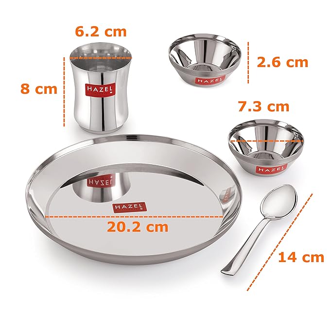 Hazel Stainless Steel Dinner Set for Kids Baby Dinner Set Combo of Steel Plate Glass Bowl & Spoon