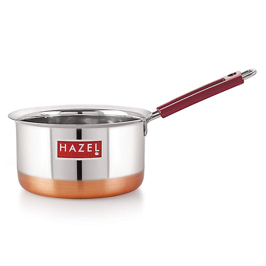 Hazel Stainless Steel Milk Saucepan Copper Bottom Tea Pan with Fixed Rubber Grip Handle 1000 Ml Silver