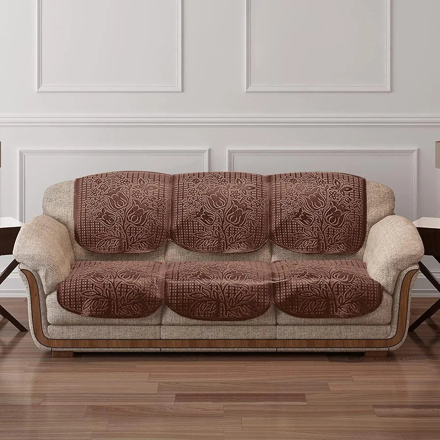 Cloth Fusion Italian Velvet Sofa Cover 5 Seater Set Perfect Floral Embossed Sofa Cover 3 Seater and 2 Seater Brown