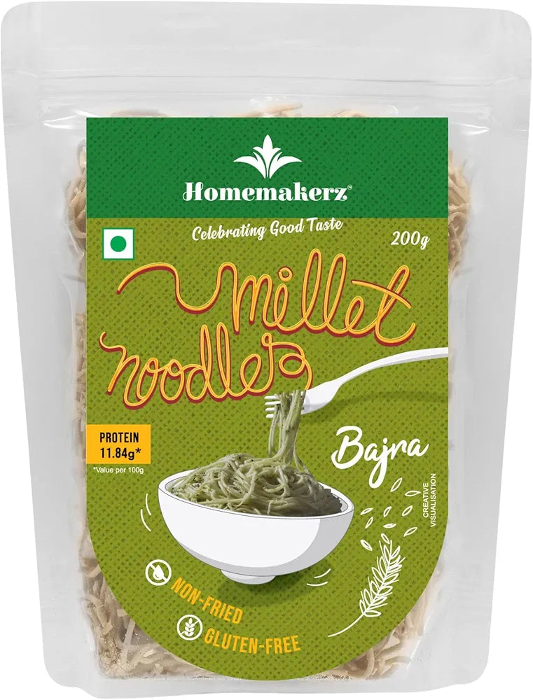 Homemakerz Bajra Millet Noodles, Natural, Preservative, Gluten & Fat Free, Not Fried & No Oil, Zero Maida & Wheat, Healthy & Hakka Millet Noodles, 200g
