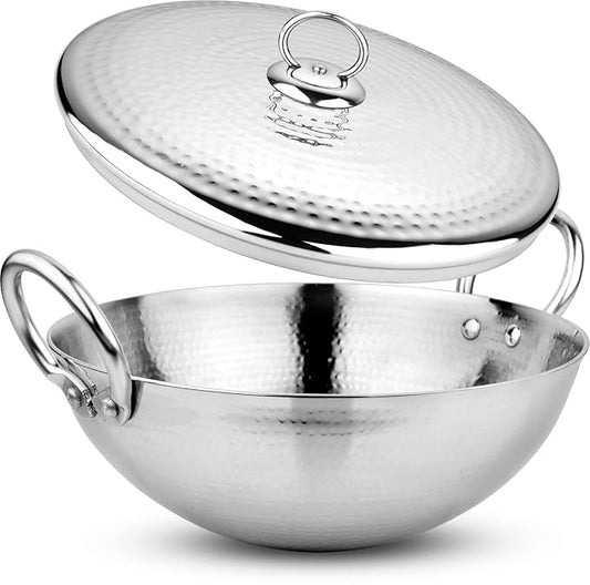 Prabha Stainless Steel 5.8 Litre Deep Pro Light Weight Hammered Kadhai with Lid 32 cm, 2132 gms