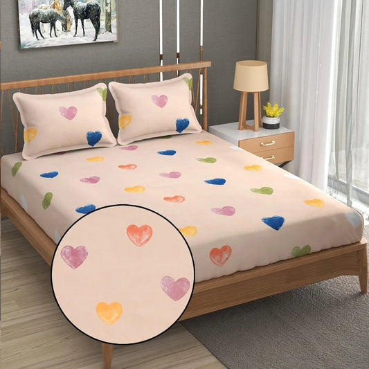 Fresh From Loom Floral Print 240 TC King Size Fitted Bedsheet Set 2 Pillow Covers Heart-Brown