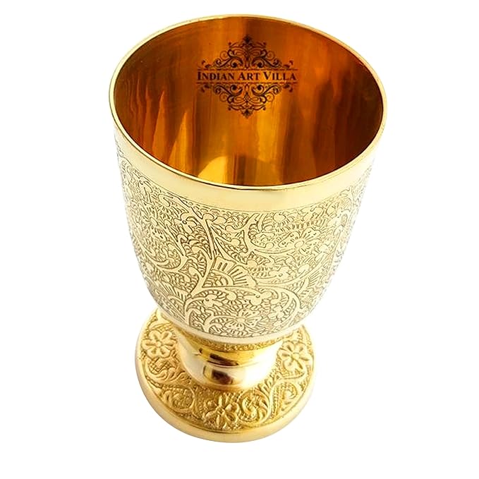 Indian Art Villa Pure Brass Glass Tumbler With Goblet Design - 350 gms