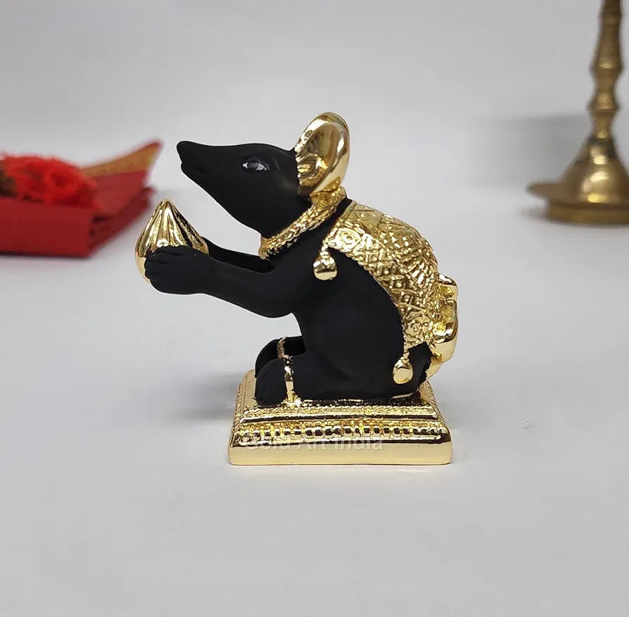 Gold Art India Gold-Plated Mushak Mouse Pair with Modak Black Terracotta Finish