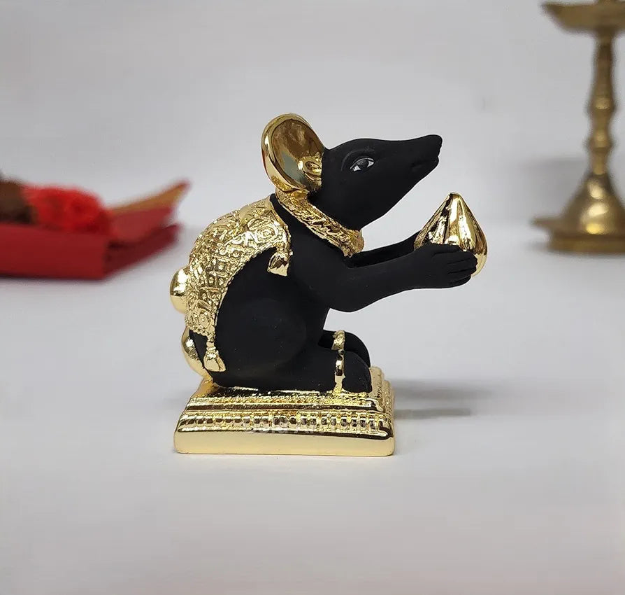 Gold Art India Gold-Plated Mushak Mouse with Modak Black Terracotta Finish