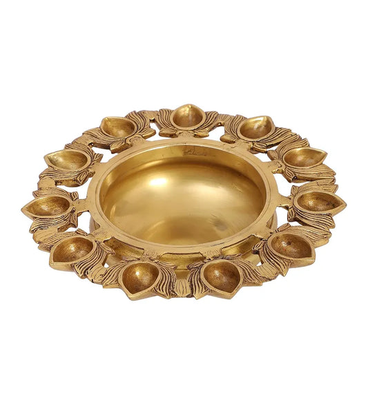 Two Moustaches 9.5 Inches Brass Urli Bowl with Lotus Design 11 Diyas Urli for Flowers