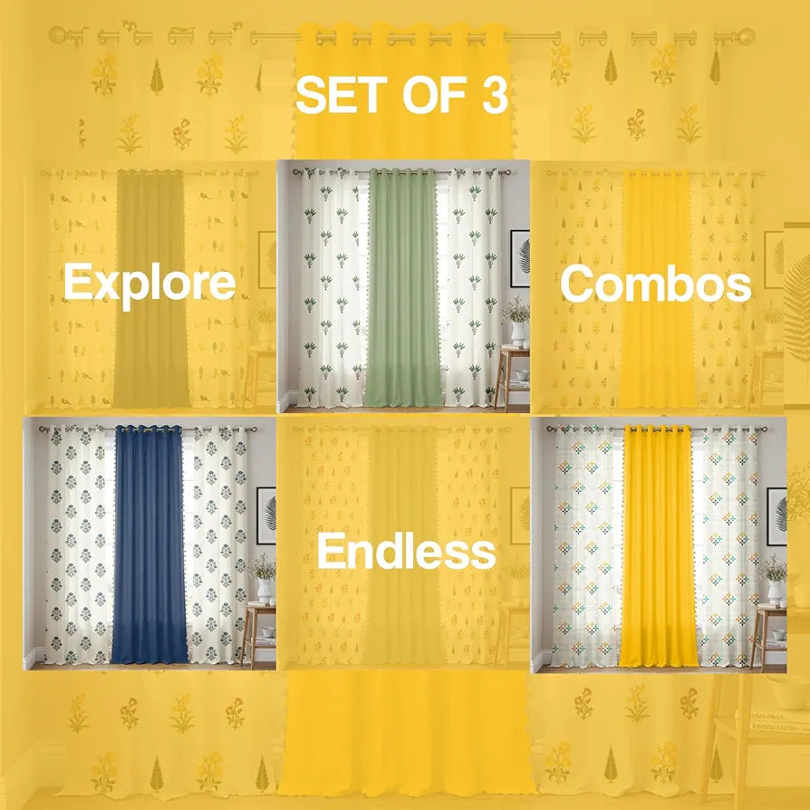 Urban Space Floral Cotton Curtains For Door, Set Of 3 Curtains For Home Decor Mosaic Yellow and Blue & Aura Indigo