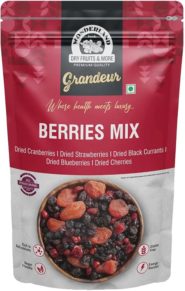 Wonderland Foods 200g Grandeur Premium Berries Mix Pouch | Dried Cranberries, Strawberries, Black Currants, Blueberries and Cherries | Antioxidant Rich | Healthy Snack | Gluten free