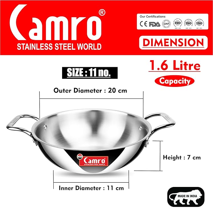 Camro Triply Artisian Kadhai 20 Cm 1.6 Liters kadhai Steel Stainless Kadhai for Deep Frying
