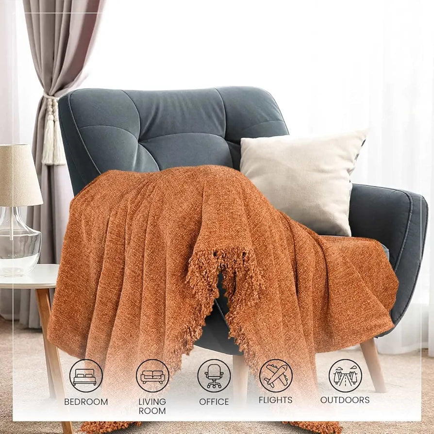 Sashaa World Lightweight Soft Chenille Throw Colour Rust
