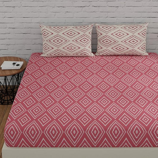 Huesland by Ahmedabad Cotton 144 TC King Size Bedsheet Cotton with 2 Pillow Covers | Peach Pink & White