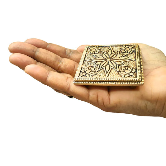 anciently Brass Pooja Chowki Square with Flower Design | Sqaure Brass Chowki for Puja, Brass, Gold Colour, 1 Piece