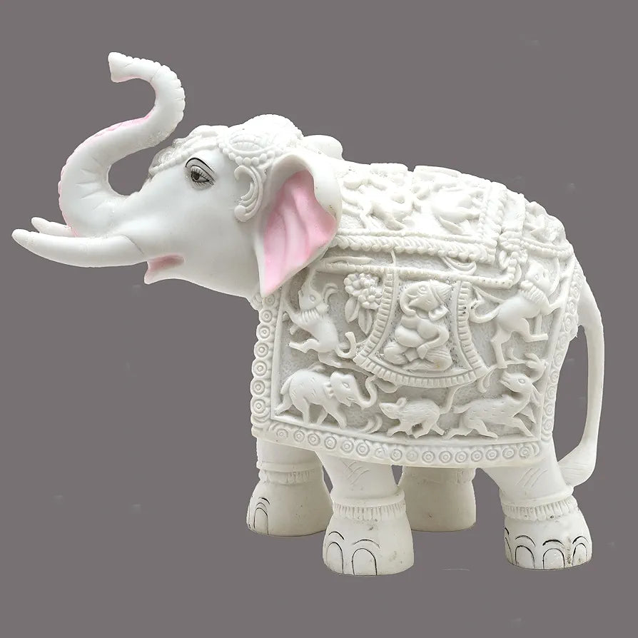 Kraftskala White Elephant Showpiece Animal Carving Big Size Marble Resin Aesthetic Statue