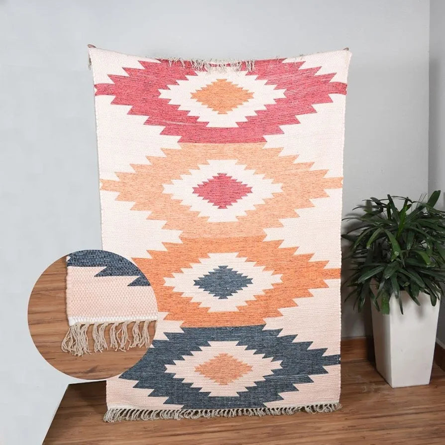 Homadorn Chindi Handmade Printed Modern Dhurrie/Rugs/Carpet Colour Cream