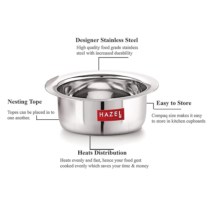 Hazel Small Utensils Set for Kitchen Set of 3 (300 ml, 500 ml & 800 ml) Small Stainless Steel Flat Bottom