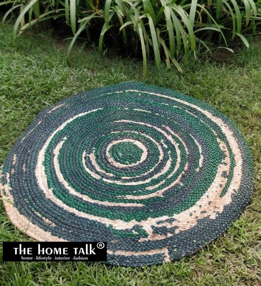 The Home Talk Natural Handcrafted Braided Round Jute Rug Traditional Carpet Blue & Green