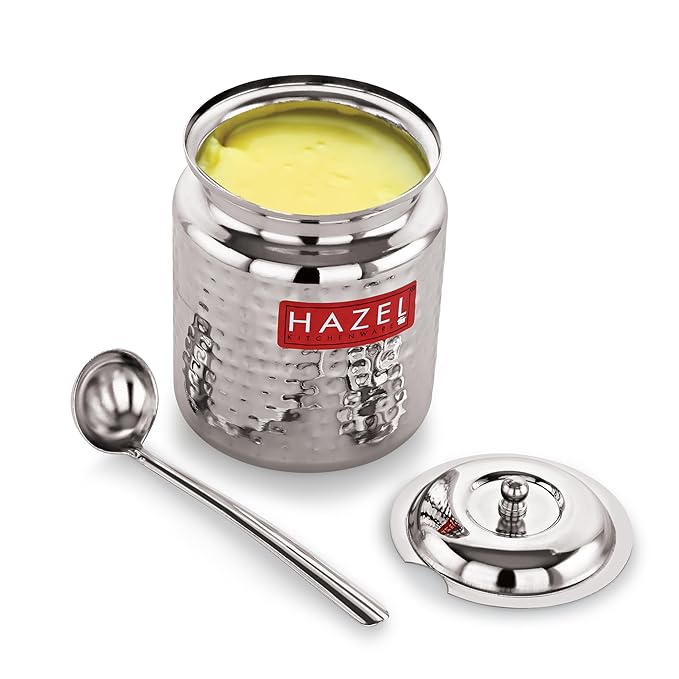 Hazel Stainless Steel Ghee Pot with Spoon 600 ml Oil Containers for Kitchen With Lid