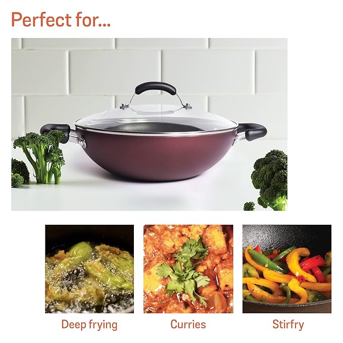 Meyer Merlot Aluminium Non-Stick Kadai | Kadhai with Glass Lid 28cm/ 3.68 Litre