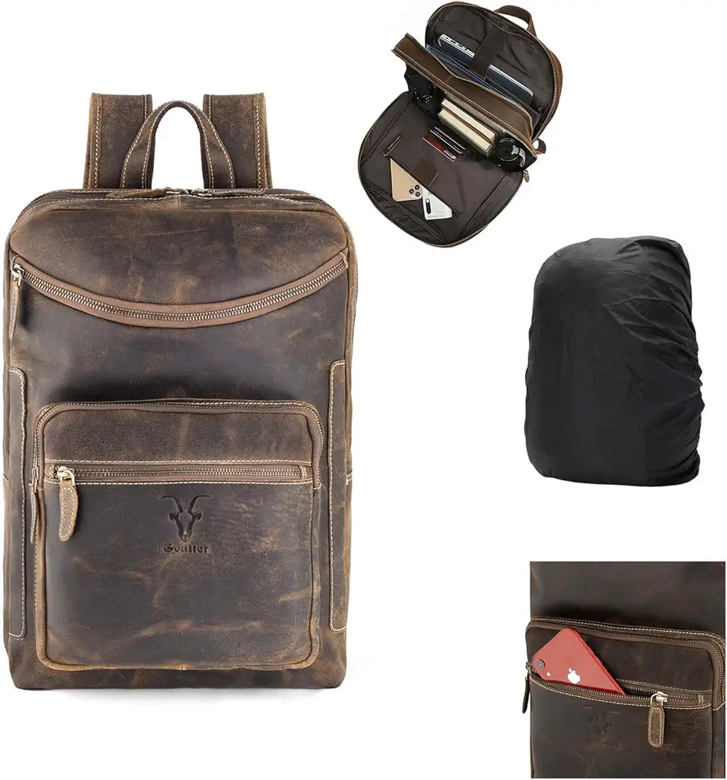 Goatter Men's Hunter Leather Backpack For 16 Laptop Office And Travel Camping Rucksack