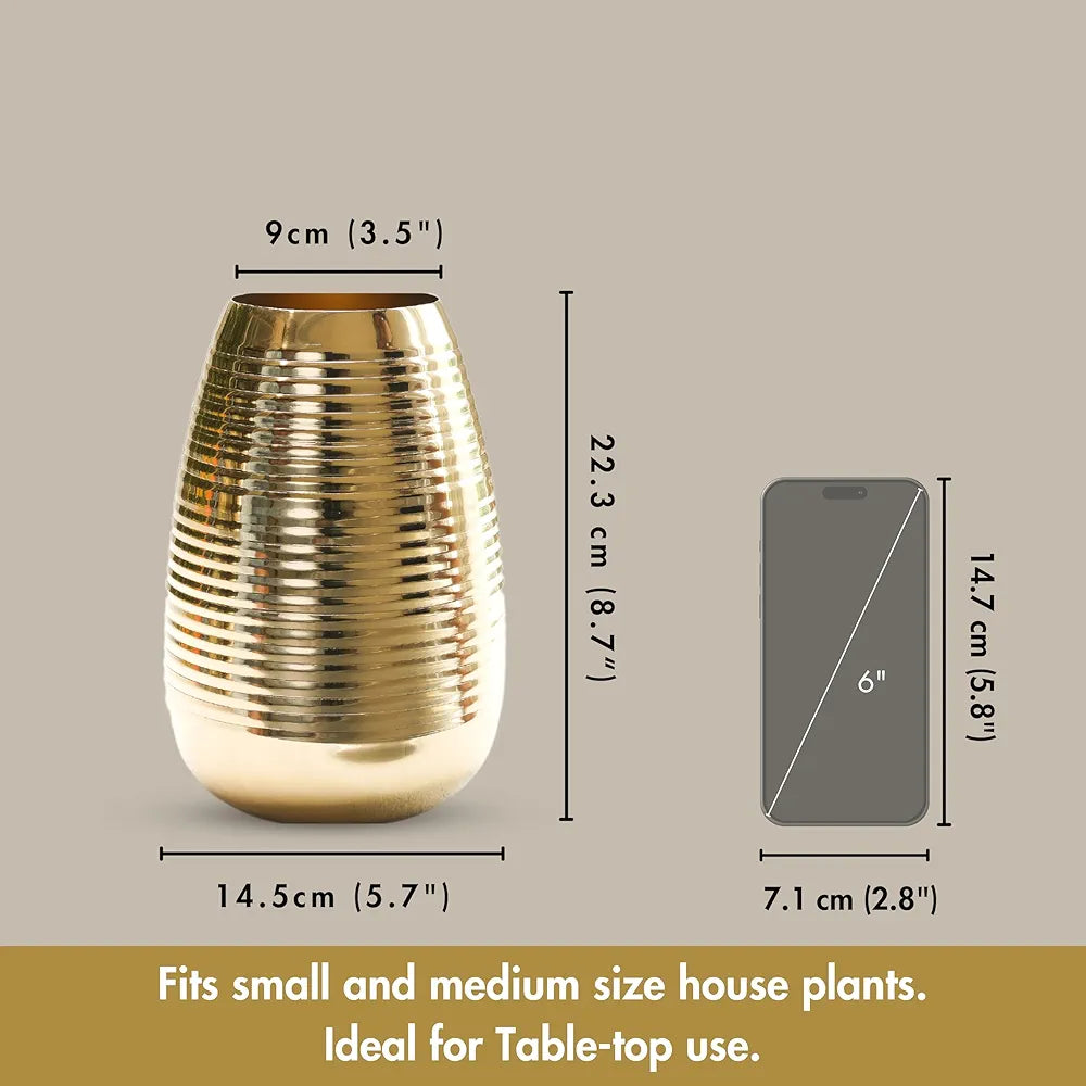 Behoma Oval Shape Metal Flower Vase Ribbed vase 8.7 inches Golden 1Pc Flowers not Included