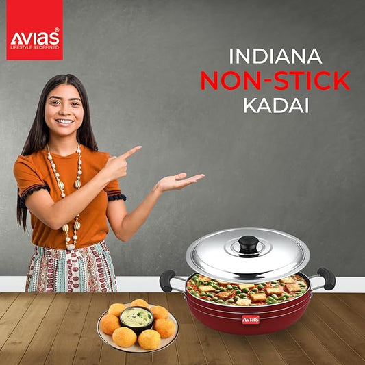 Avias Indiana Kadhai 28cm Nonstick Aluminium Kadhai with Stainless Steel Lid Bakelite Handles