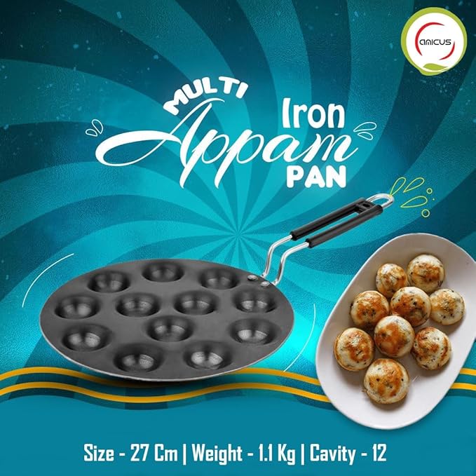 Amicus Iron Appam Pan Tawa 27 cm 12 Cavity Appe Tawa Pan for Appam Paniyaram Paniyarakkal