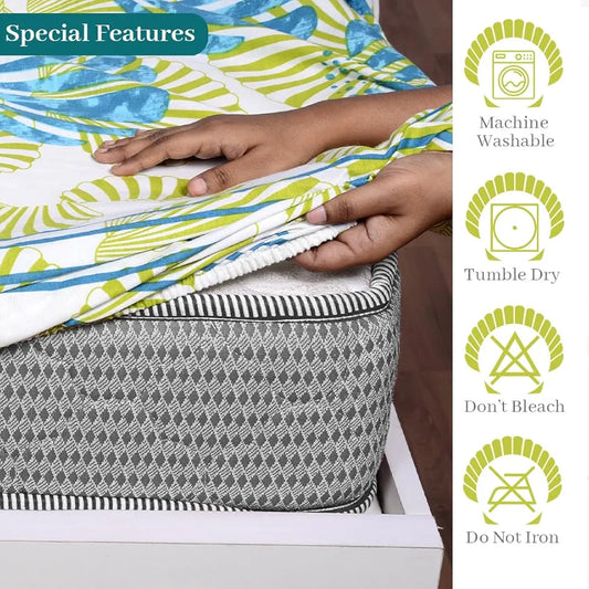 Divine Casa 144 TC 100% Cotton Acid Lime Elastic Fitted Bedsheets King Size with 2 Pillow Covers Colour Printed Acid Lime