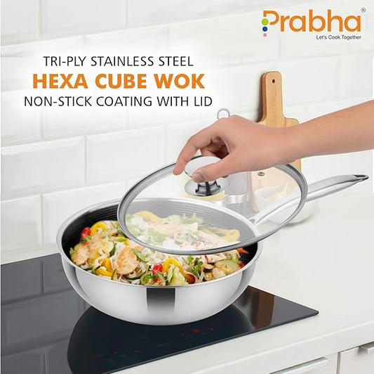 Prabha Tri-Ply Stainless Steel Hexa Cube Non Stick Wok Included Lid, 24cm, 2.8L