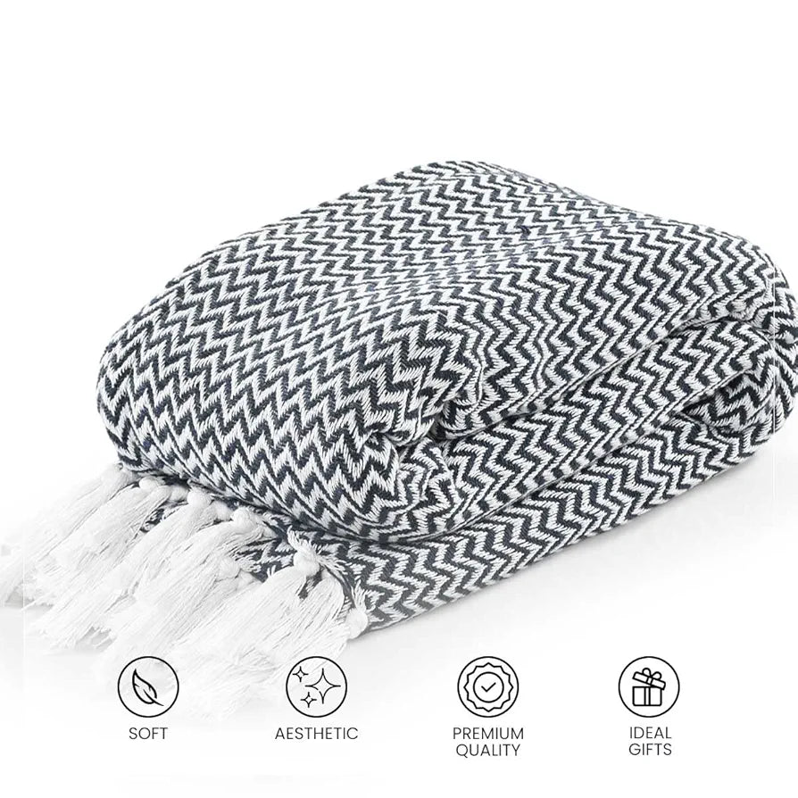 Chevron Throw Blanket Handwoven with Fringes Colour Navy