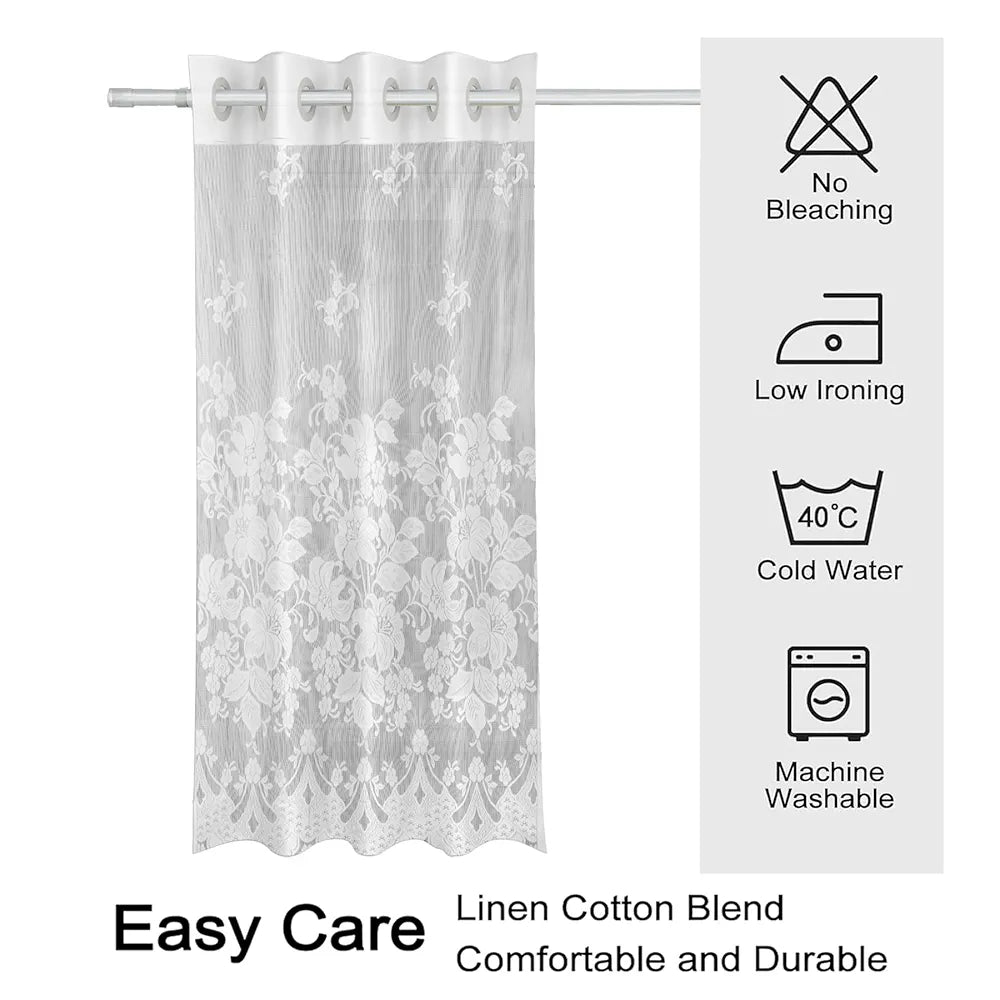 Kuber Industries Cotton Door Curtains with 8 Rings Net Frill Door Curtain SY27 White Colour