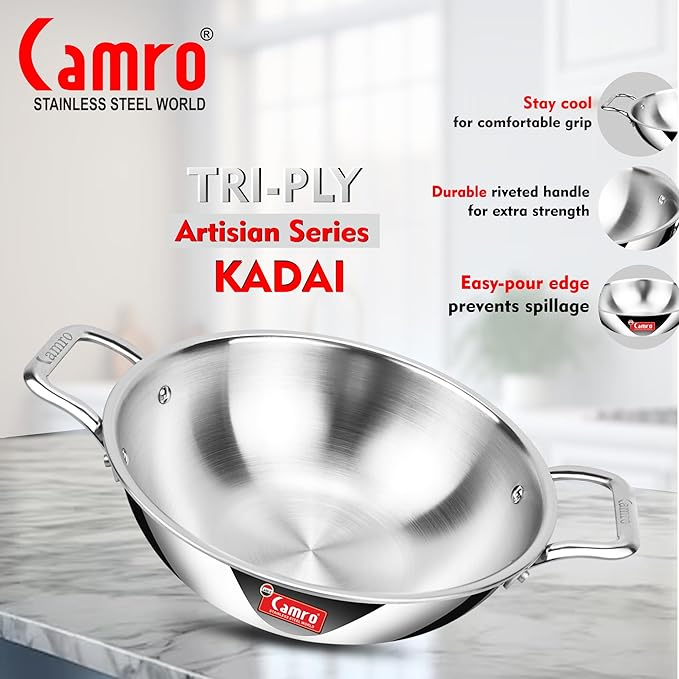 Camro Triply Artisian Kadhai 26 Cm 3.3 Liters kadhai Steel Stainless Kadhai for Deep Frying