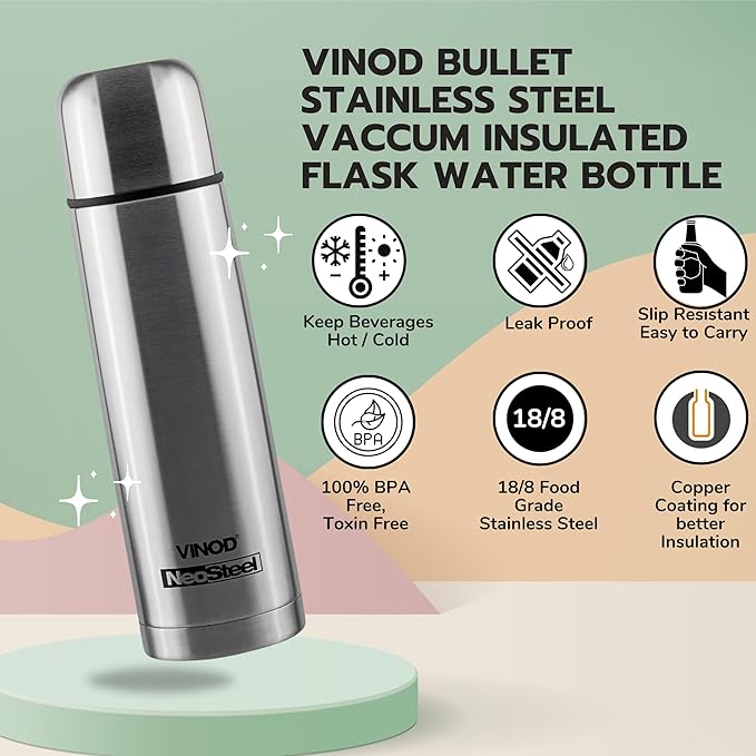 Vinod Bullet Vacuum Insulated Stainless Steel Flask Water Bottle -500 ml | Hot and Cold Thermosteel Bottle | Copper Coating
