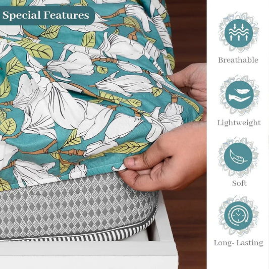 Divine Casa 144 TC Cotton Floral Print Queen Size Fitted Bedsheet with 2 Pillow Covers Elastic & Comfortable Bedding Colour Aspen Green
