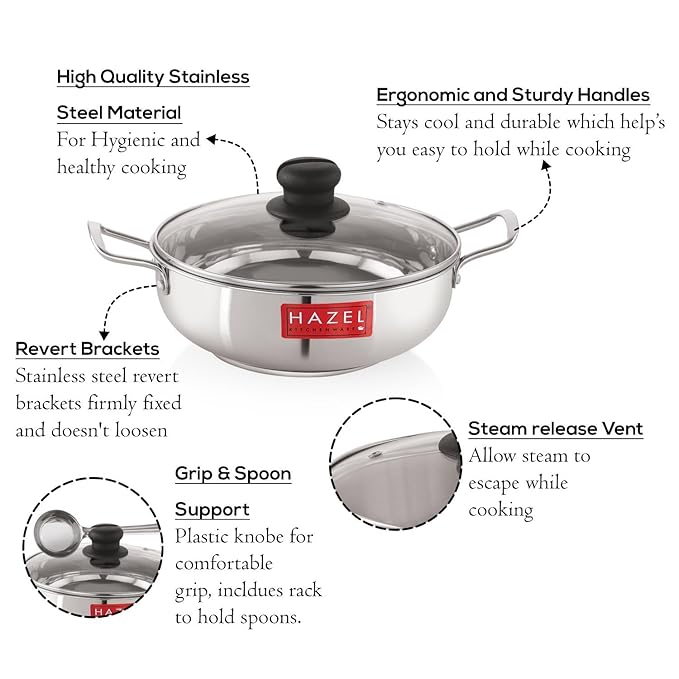 Hazel Induction Base Kadai Stainless Steel Deep Karahi with Glass Lid Cover 1900 Ml