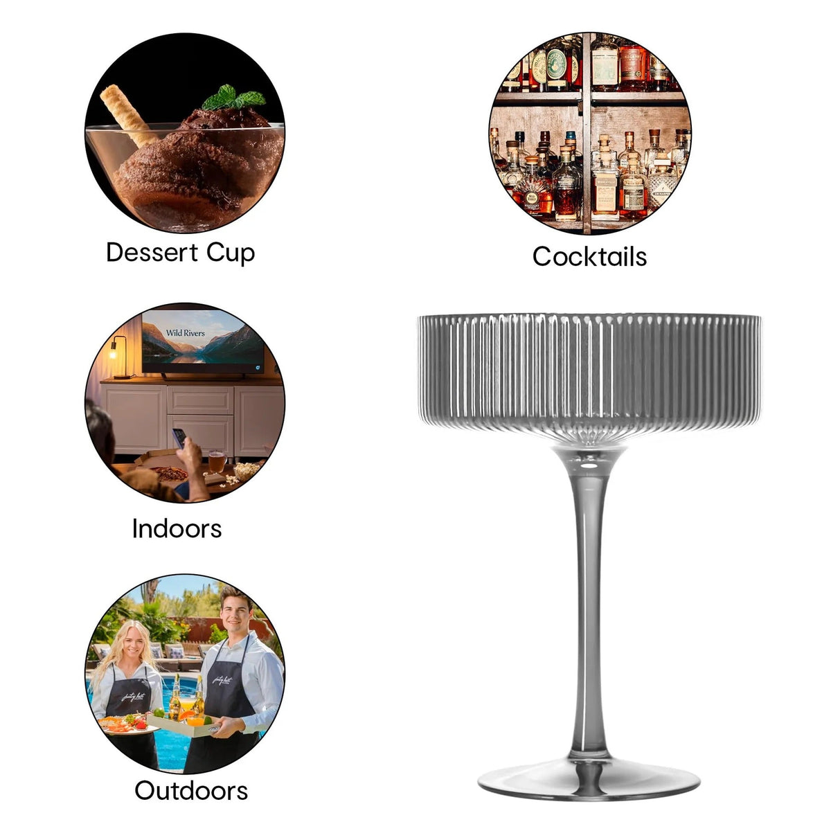 Anko Australia 200ml Ribbed Champagne Coupe Set of 4 | Cocktail Glasses | Grey