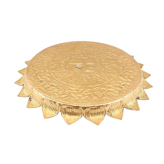 Indian Art Villa Pure Brass Pooja Decorative Thali Plate With Sathiya Floral Embossed Leaf Edge Design Diameter|13.2" Inches