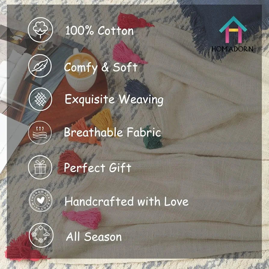 Homadorn 100% Cotton Off White Throw Blanket with Handmade Colorful Tassel Colour Rust