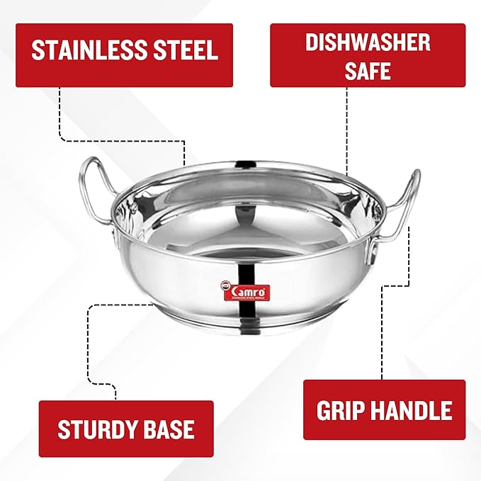 Camro Kadhai Induction Bottom 4 Liters Whithout Lid kadhai Steel Stainless Kadhai for Deep Frying