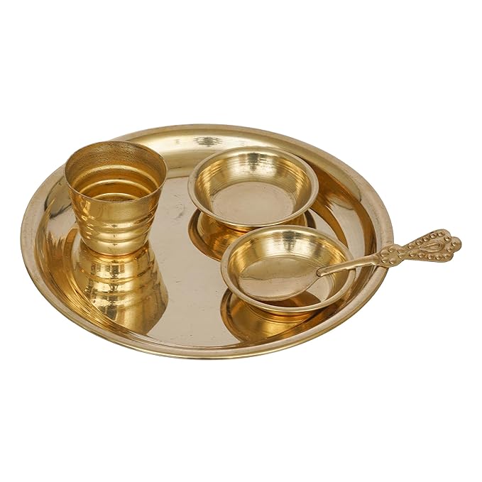 Ecraftindia Golden Brass Decorative Pooja Thali With Bowls Spoon Glass | Aarti Thali for Pooja | Puja Thali Set for Home